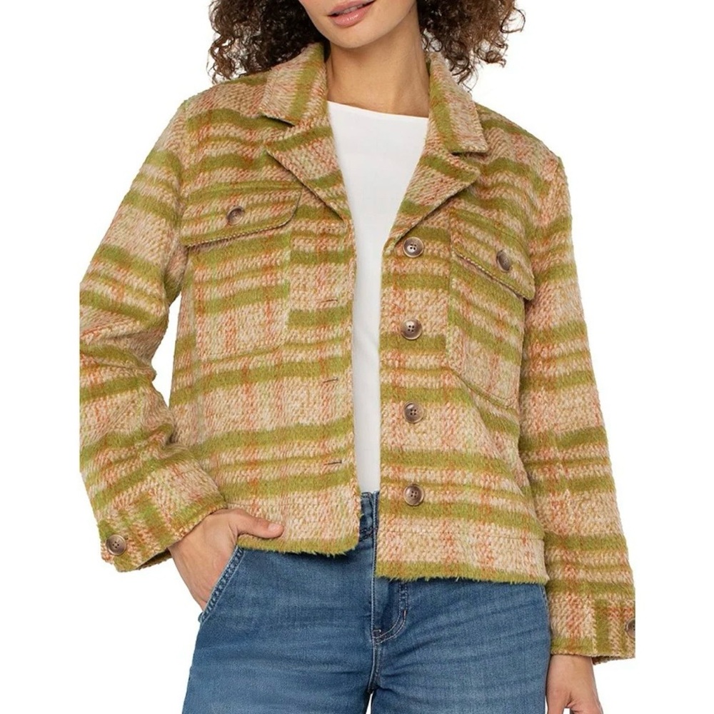 Liverpool Los Angeles Button Front Blanket Plaid Boxy Jacket, Green & Gold, SZ S